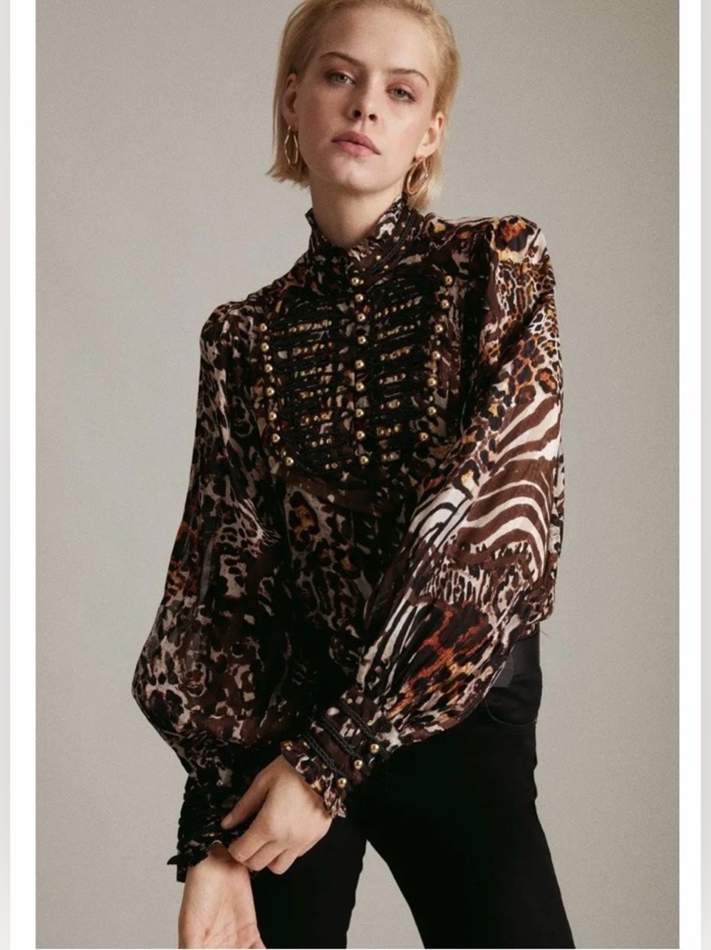 NWT karen Millen Cornelli Studded Military Jacquard animal print Blouse medium